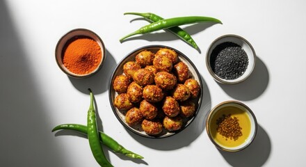 Spicy indian snack mix with chili peppers, red chili powder, black sesame seeds, and oil on white background