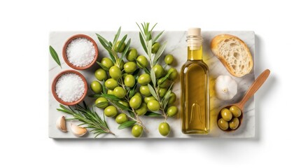 Assortment of fresh green olives, olive oil, coarse salt, rosemary, garlic, and bread slice on a white marble serving board, top view