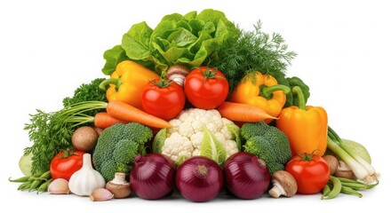 Large assortment of fresh, colorful, and healthy vegetables piled together, including lettuce, tomatoes, peppers, broccoli, onions, carrots, and cauliflower, isolated on white background