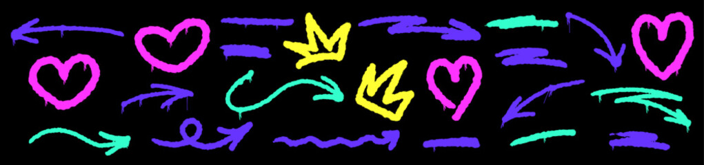 Urban graffiti arrows with heavy spray effect and grunge edges. Layered drip lines, spray splashes, graffiti energy, grunge mood, and standout heart and arrow elements.