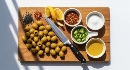 Green olives with spices, lemon, olive oil, and sliced chili peppers arranged on a wooden cutting board for preparing an appetizer or snack