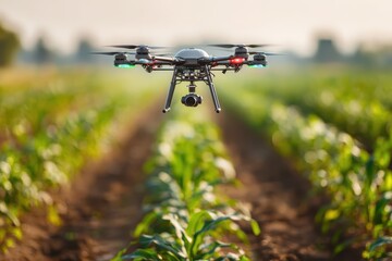 Agricultural drone hovering above neat rows of green crops capturing data for precision farming analysis representing smart farming technology innovation and digital agriculture advancement concept.