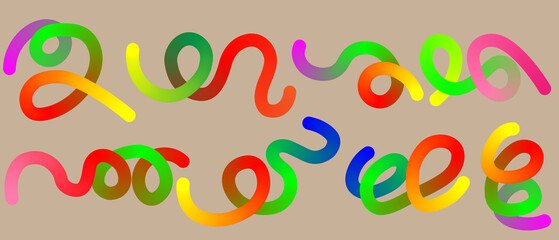 Abstract colorful rainbow swirl shapes on beige background creating vibrant and playful artistic pattern perfect for creative designs