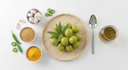 Fresh green olives with spices and ingredients for pickling or seasoning, top view