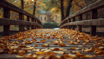 Wooden Bridge Covered in Freshly Fallen Leaves – Serene Autumn Park