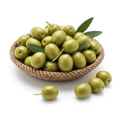 Fresh green olives with leaves in a woven basket, isolated on white background