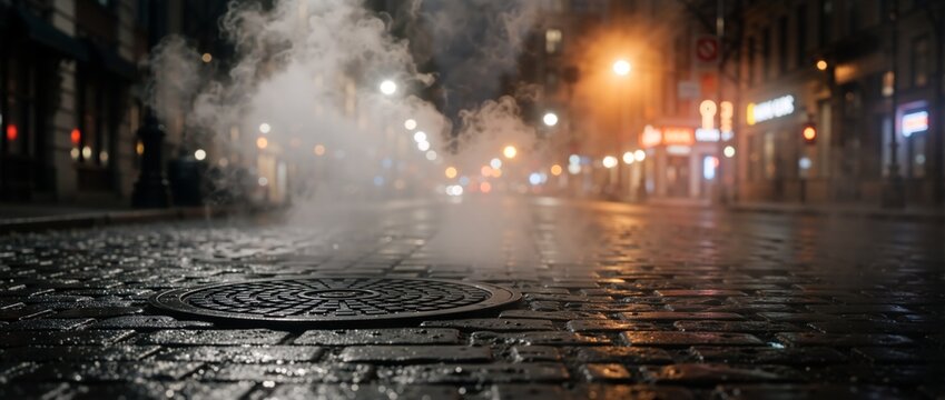 Steam rising from a manhole cover on a wet cobblestone street at night. Atmospheric urban city scene with blurred lights. Moody and mysterious low angle perspective