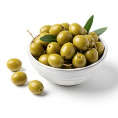 Fresh green olives in a white bowl with leaves, isolated on white background