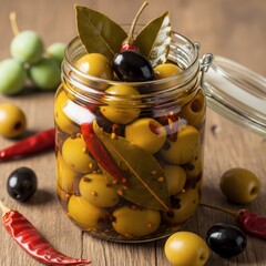 Gourmet jar of green olives marinated with black olives, bay leaves, and red chili peppers on rustic wooden table