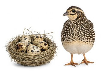 Quail bird standing next to a nest with speckled eggs, isolated on white background