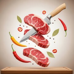 Raw beef steaks falling with a knife, chili peppers, and bay leaves, concept of cooking and preparation