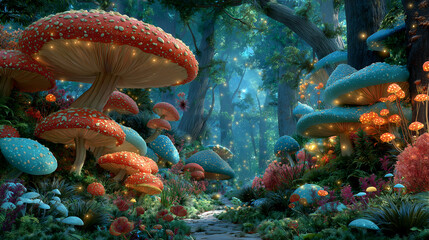 Whimsical cartoon forest featuring giant mushrooms and vibrant flora, imaginative nature concept generated AI