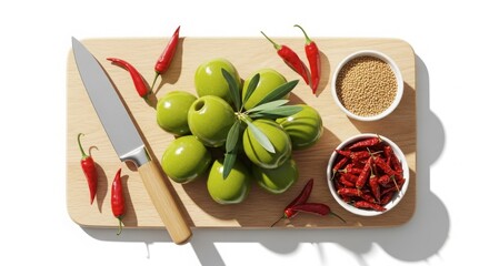 Fresh green olives with spices and knife on wooden cutting board