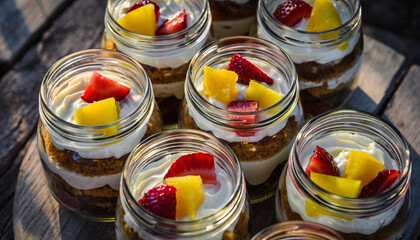 Dessert jars filled with layered cream, fruit, and cake on a wooden table