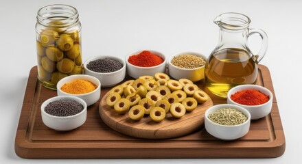 Assortment of olives, spices, and olive oil on a wooden serving board