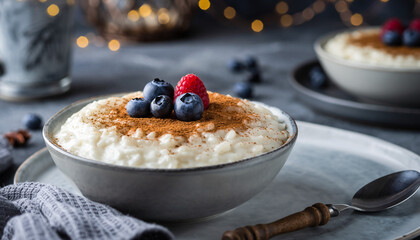 A close-up shot of a bowl of creamy rice pudding topped with blueberries and cinnamon.