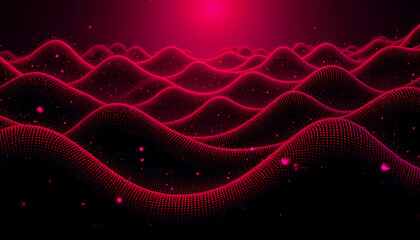 Red Halftone Dot Waves with Neon Synthwave Glitch on Black Futuristic Background, Bold Abstract Design