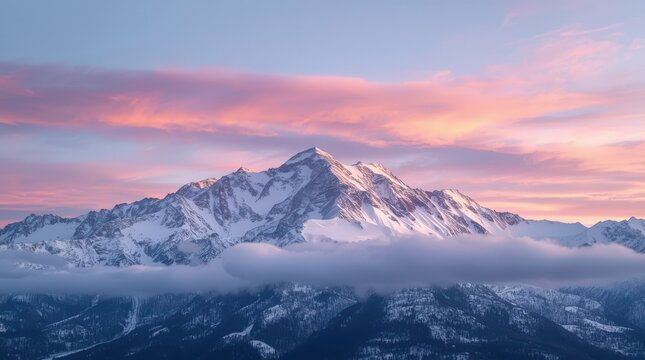 Snowy mountain peaks with low-lying clouds and soft pink sunset hues in the sky Generative AI