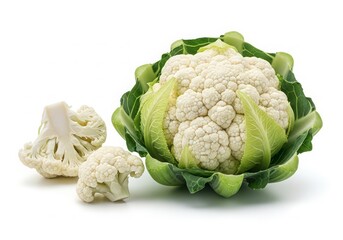 Fresh white cauliflower vegetable with green leaves, whole head and florets, isolated on white background