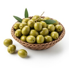 Fresh green olives in a woven basket with leaves, isolated on white background