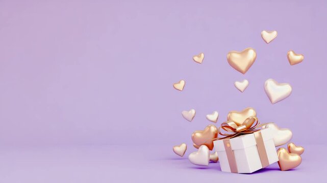 3D Open Gift Box Releasing Falling Heart Shapes Romantic Digital Motion Animation in 4K 