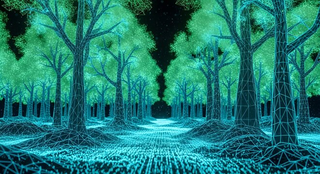 Digital future of forestry and sustainable environment. Computer vision and ecological technology. Wireframe representation of a forest with glowing green light