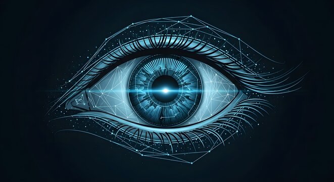 Digital eye and biometric security technology. Retinal scan and future surveillance. Close-up of a high-tech eye with glowing light and geometric network connections