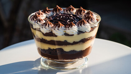 A layered dessert in a glass bowl on a white table outdoors with sunlight casting shadows