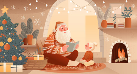 Obraz premium Santa Christmas cozy home story time holiday scene warm fireplace decorated tree gifts child listening festive interior lights modern flat design