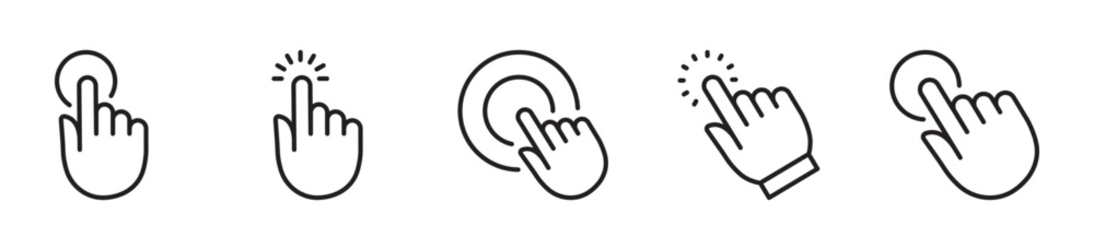 Click line black icon set. Hand, finger sign. Clicking symbol. Touch screen, tap, select, activation concept. Element for social media,interface,website, network. Editable stroke. Vector illustration.