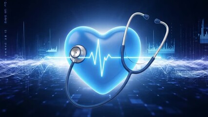 Dynamic medical animation showing heartbeat, stethoscope, and digital data streams for healthcare innovation and technology solutions - Powered by Adobe