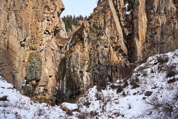 Rock formation, mountainous terrain. Ile-Alatau National Nature Park.