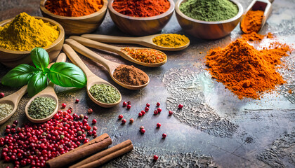 Colorful assortment of various spices and herbs arranged on a rustic surface with wooden spoons.