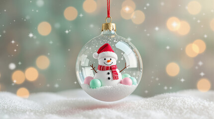 Close-up of a Glass Christmas Ornament with a Cute Snowman Inside Hanging Over Snow against a Warm Bokeh Background