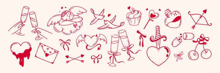 Hand drawn Valentines Day icon set outline with hearts, champagne glasses, doves, bows and love symbols for greeting cards, stickers, wedding invitations, and romantic branding. Vector illustration