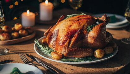 A beautifully roasted whole chicken sits as the centerpiece of a festive holiday dinner table, adorned with rosemary and small potatoes.
