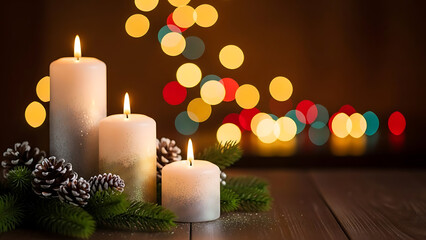 Four glowing white pillar candles rest near pine cones with festive holiday bokeh lights