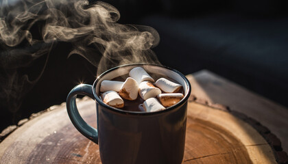 A steaming mug of hot chocolate topped with marshmallows sits on a rustic wooden surface, creating a cozy and inviting atmosphere.