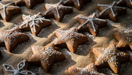 Close-up of freshly baked star-shaped gingerbread cookies, some decorated with white icing and others dusted with powdered sugar, on a baking sheet.