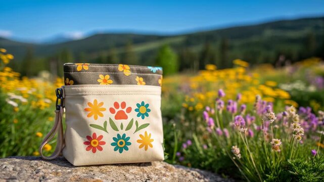 Pet friendly summer destinations concept. Colorful Flowers Adorn Stylish Pet Friendly Bag Perfect for Summer Destinations Surrounded by Natures Beauty