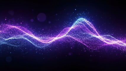 Abstract luminous wavy particle stream with purple and blue glowing light trails on a dark cosmic background, subtle bokeh effect