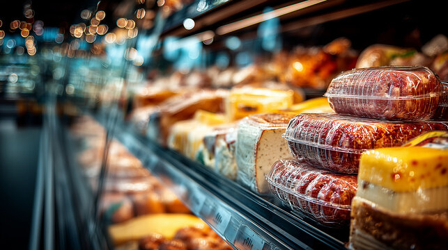Assorted packaged meats and cheeses on display in refrigerated supermarket deli section, close-up view with bokeh lighting