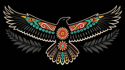 Graceful Flying Bird Silhouette with Decorative Truck Art Wings, a Vibrant Cultural Vector Illustration Symbolizing Freedom and Asian Folk Art