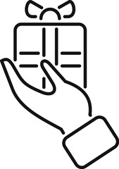 Line drawing of a hand holding a gift box with a ribbon, representing giving, receiving, and surprise