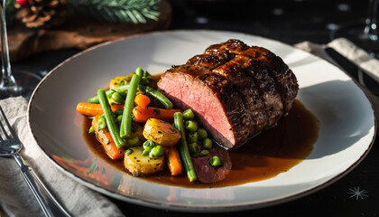 Sliced roast beef served on a plate with mixed vegetables and gravy in a fine dining setting
