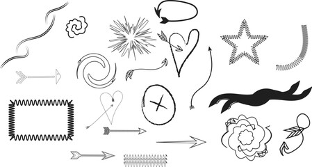 Collection of hand drawn doodle elements and symbols in black and white