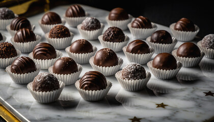 Assorted chocolate truffles arranged on marble surface with decorative stars