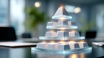 Multi-level glowing governance hierarchy chart hovering above corporate desk, soft white office light, 4k