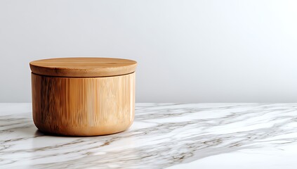 A wooden storage container with a lid rests on a marble surface