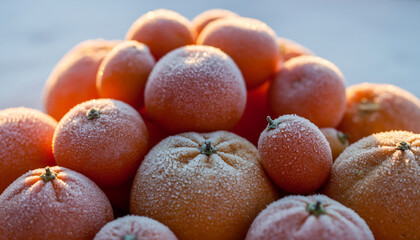 A close-up view of frost-covered tomatoes piled together on a snowy surface